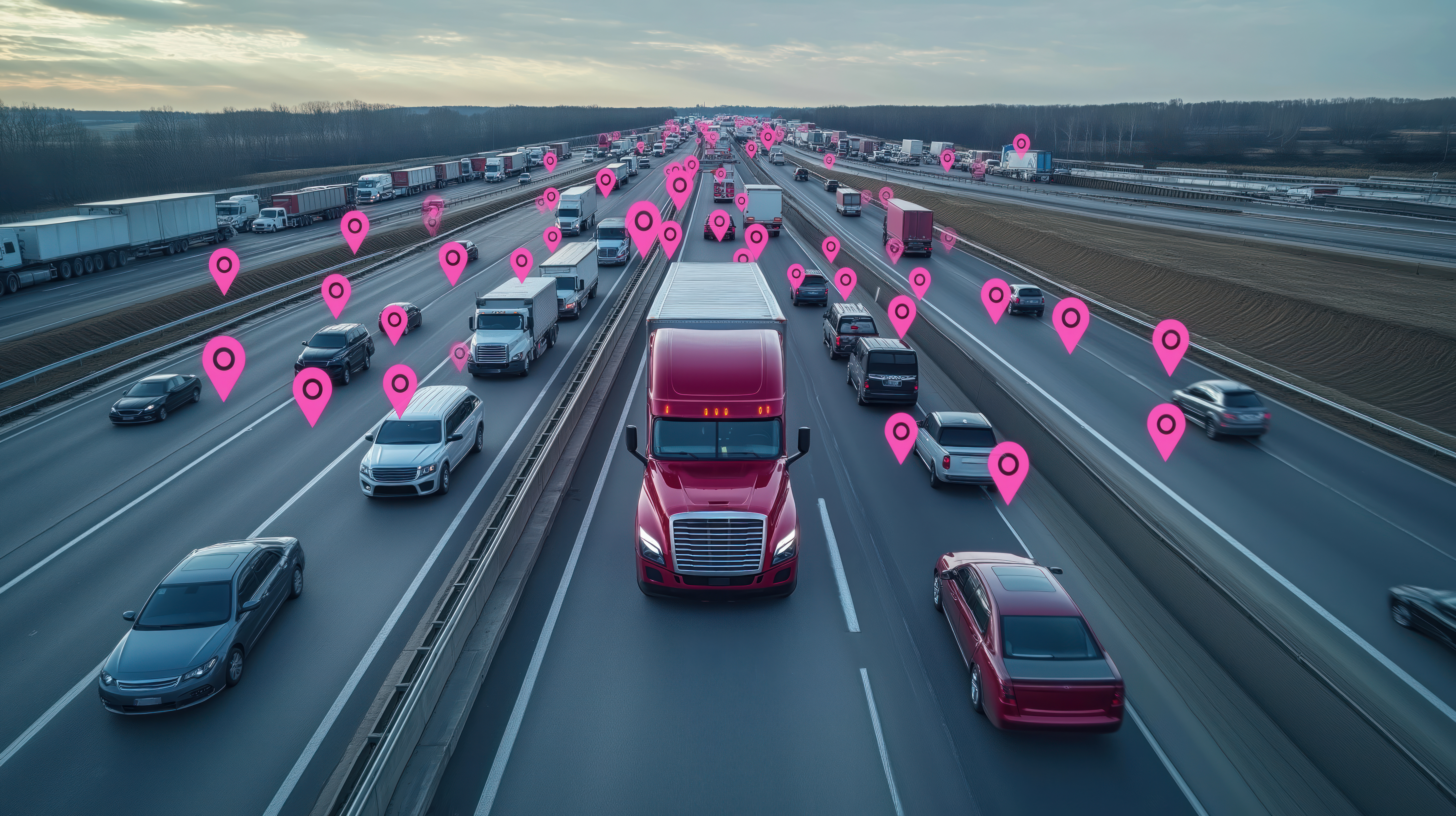 Highway traffic with live tracking pins